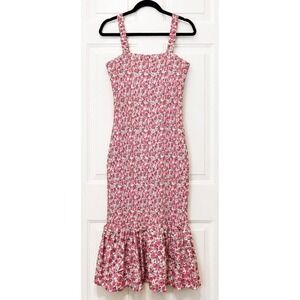 PrettyGarden Pink Floral Smocked Midi Dress Ruffle Mermaid Hem Square Neck NWT